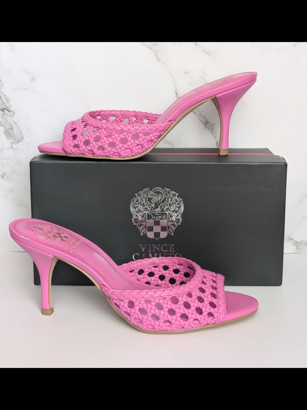 NIB Vince Camuto Prilany Lotus Pink Woven Leather Mule Heels Size 8